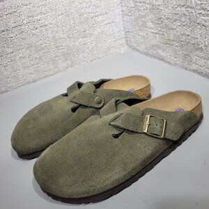 Birkenstock Boston Soft Footbed Size EU 40 L9 M7 Olive Green Suede Slip On Clogs
